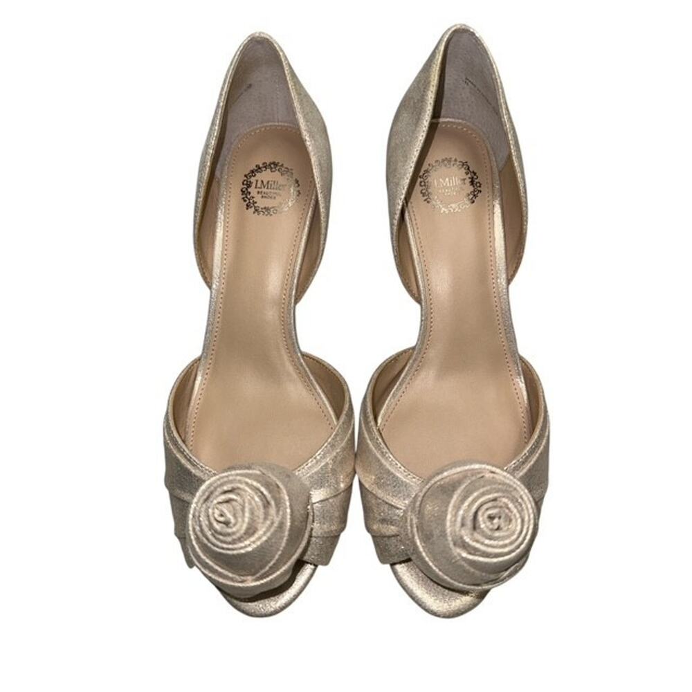 I Miller CURLY Peep Toe Rosette Pumps Platino Fancy Metallic Heels Size 8M Shoes